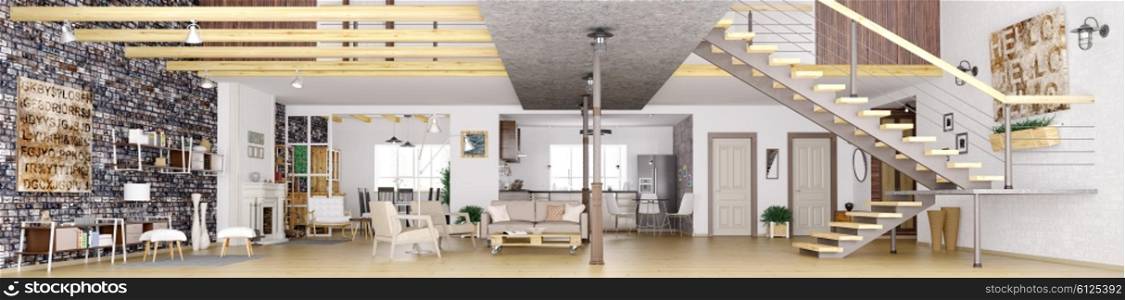 Panorama of modern loft apartment interior, living room, hall, kitchen, dining room,staircase, 3d rendering