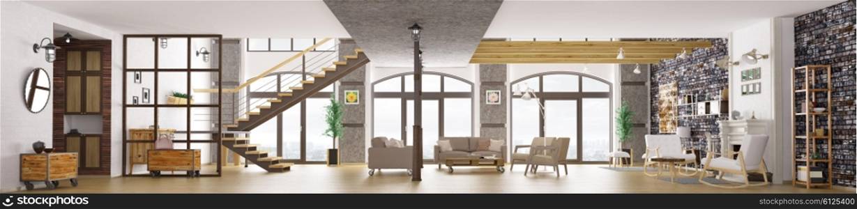 Panorama of modern loft apartment interior, living room, hall, staircase, fireplace 3d rendering