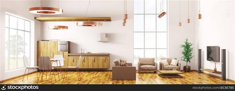 Panorama of modern loft apartment interior, living room, kitchen, dining room 3d rendering