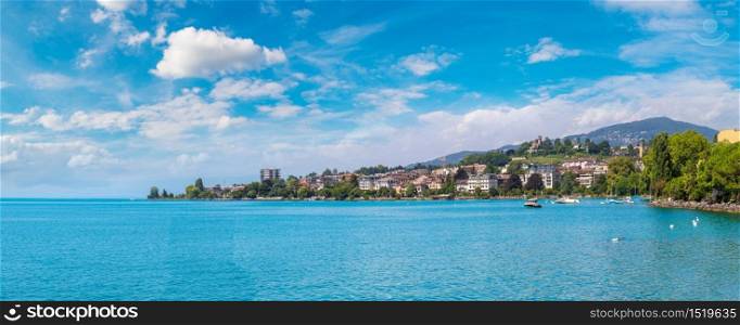 Panorama of Montreux and Lake Geneva in a beautiful summer day, Switzerland