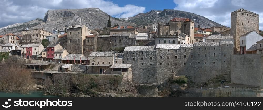 Panorama of Mostar Old Town on a sunny winter day.