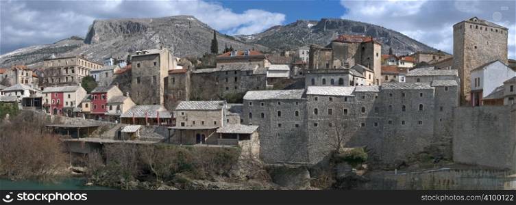 Panorama of Mostar Old Town on a sunny winter day.