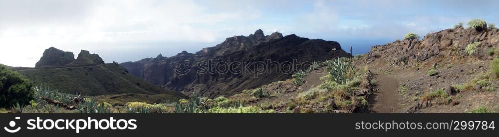 Panorama of mountain and trail on the La Gomera island, Spain