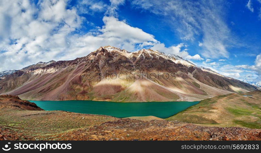 Panorama of mountain lake Chandra Tal in Himalayas. Himachal Pradesh, India