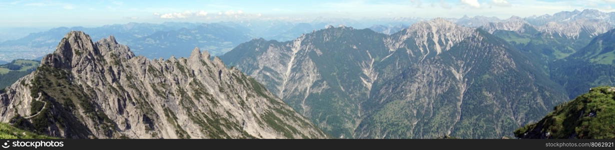 Panorama of mountain renge with hiking trail in Lichtenstein