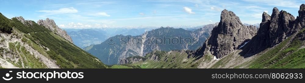Panorama of mountain renge with hiking trail in Lichtenstein