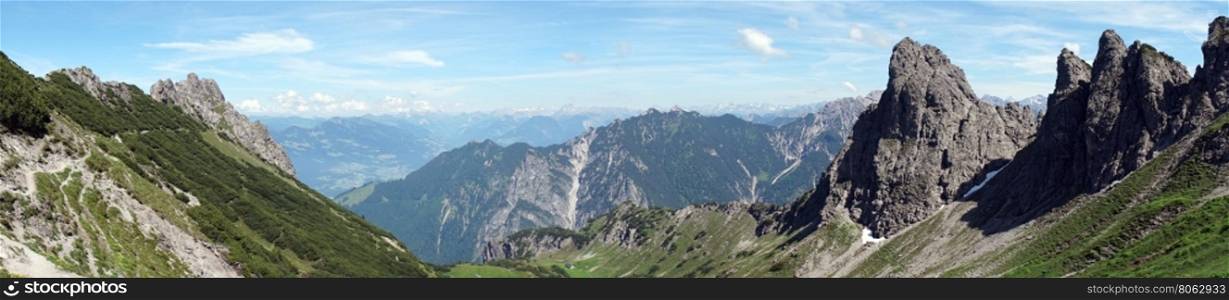 Panorama of mountain renge with hiking trail in Lichtenstein