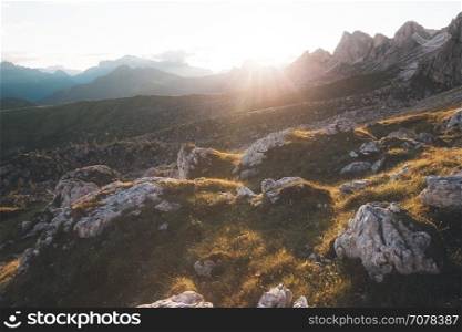 Panorama of mountain sunset, Dolomites, Italy
