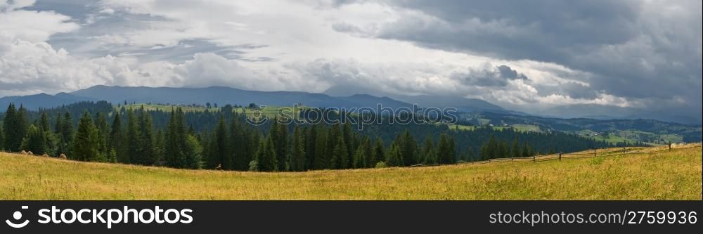 panorama of mountain valley before rain. Karpaty, Ukraine