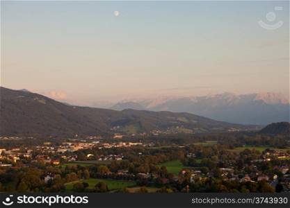 panorama of mountains in the alps at sunset. Salzburg, Austria