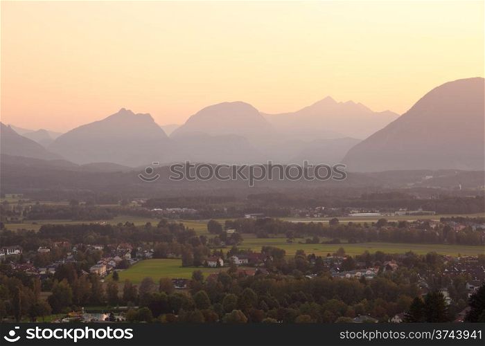 panorama of mountains in the alps at sunset. Salzburg, Austria