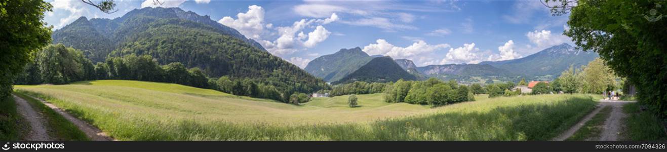 Panorama of mountains, sky and meadow in Bavaria near Bad Reichenhall, Germany