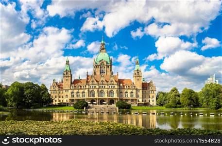 Panorama of New City Hall in Hannover in a beautiful summer day, Germany