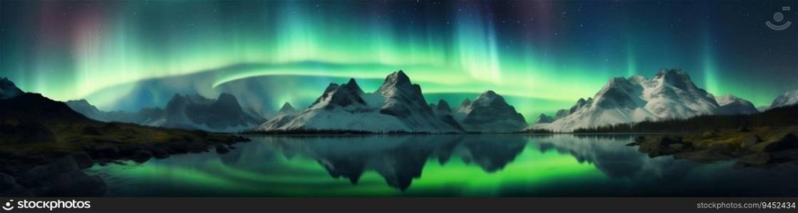 Panorama of Northern Lights Illuminate on Mountain Sky. Generative ai. High quality illustration. Panorama of Northern Lights Illuminate on Mountain Sky. Generative ai