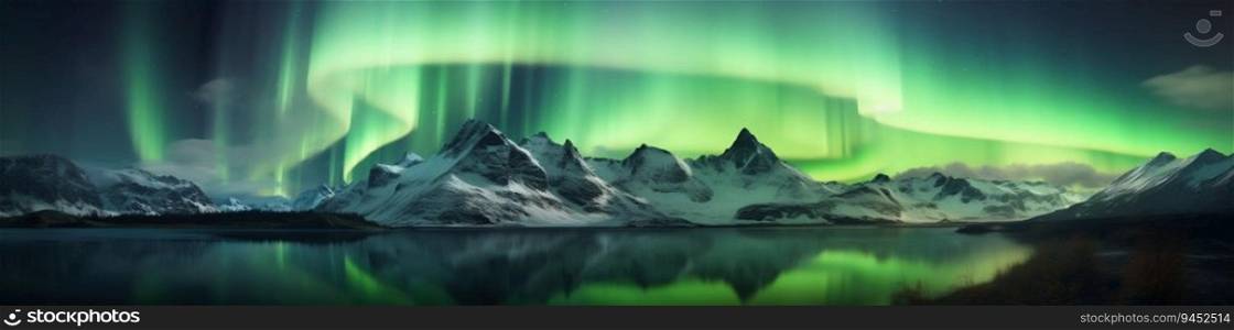 Panorama of Northern Lights Illuminate on Mountain Sky. Generative ai. High quality illustration. Panorama of Northern Lights Illuminate on Mountain Sky. Generative ai