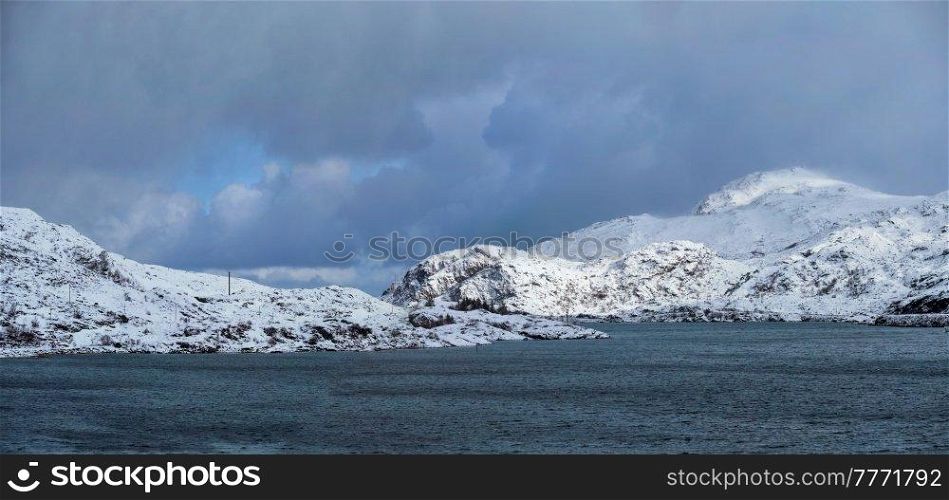 Panorama of norwegian fjord in winter, Lofoten islands, Norway. Panorama of norwegian fjord, Lofoten islands, Norway