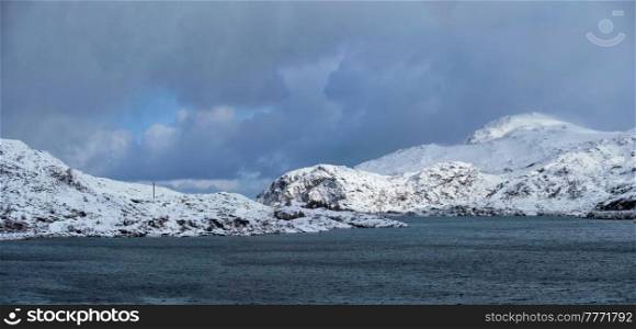 Panorama of norwegian fjord in winter, Lofoten islands, Norway. Panorama of norwegian fjord, Lofoten islands, Norway