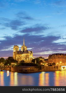 Panorama of Notre Dame Cathedral with Paris cityscape at dusk, France
