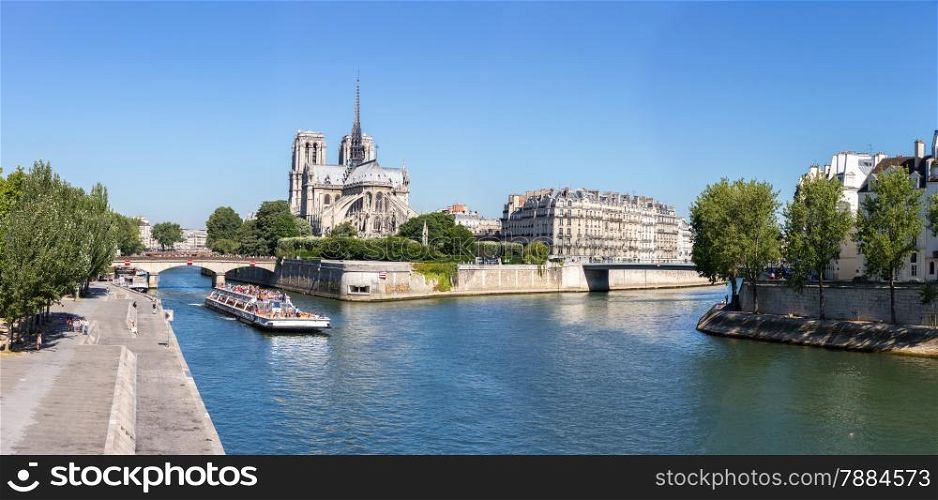Panorama of Notre Dame Cathedral with Paris cityscape, France