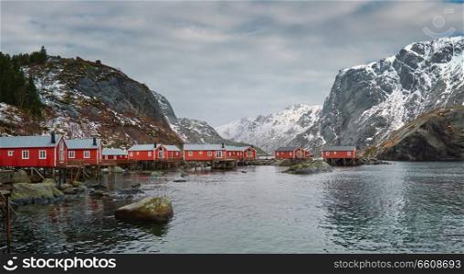 Panorama of Nusfjord authentic   fishing village in winter. Lofoten islands, Norway. Nusfjord  fishing village in Norway