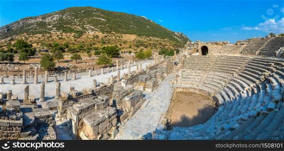 Panorama of Odeon - small theater in ancient city Ephesus, Turkey in a beautiful summer day