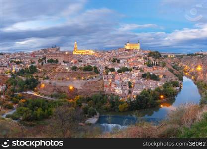 Panorama of Old city of Toledo and river Tajo at dusk, Castilla La Mancha, Spain
