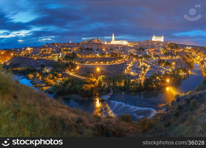 Panorama of Old city of Toledo and river Tajo at night, Castilla La Mancha, Spain