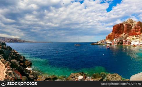 Panorama of Old port Ammoudi of Oia village at Santorini island in Aegean sea, Greece