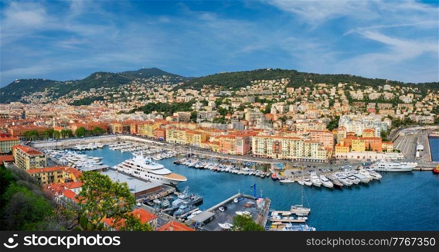 Panorama of Old Port of Nice with luxury yacht boats from Castle Hill, France, Villefranche-sur-Mer, Nice, Cote d&rsquo;Azur, French Riviera. Panorama of Old Port of Nice with yachts, France