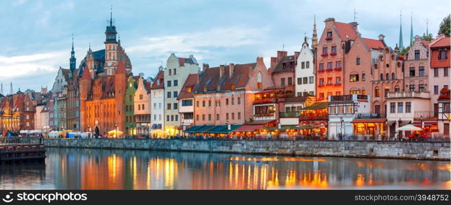 Panorama of Old Town of Gdansk, Dlugie Pobrzeze and Motlawa River at night, Poland