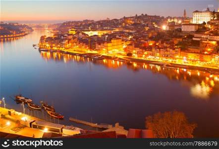 Panorama of Old Town of Porto at dusk. Portugal