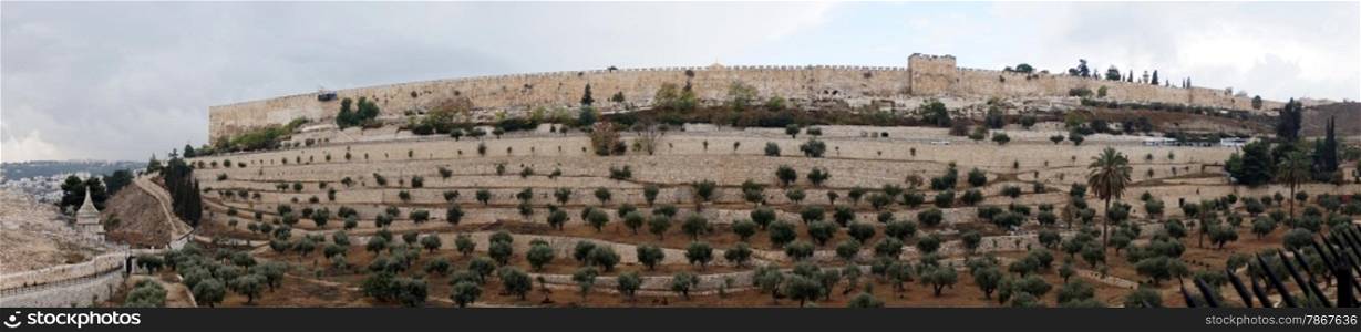 Panorama of park and wall of Jerusalem, Israel