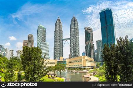 Panorama of Petronas Towers is the tallest buildings in Kuala Lumpur, Malaysia at summer day