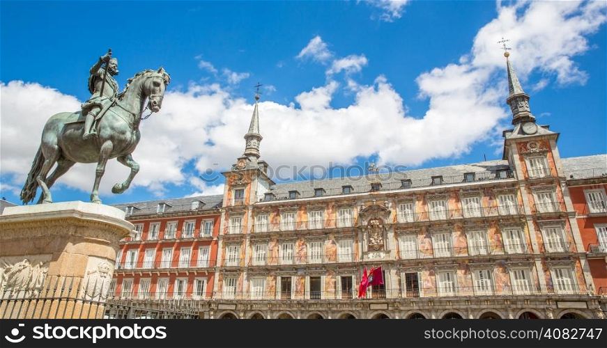Panorama of Plaza Mayor in Madrid , Spain