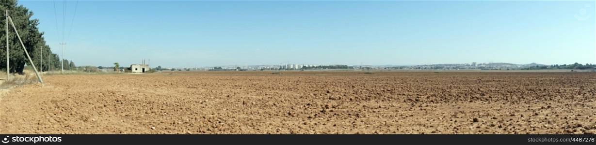 Panorama of plowed land in Israel