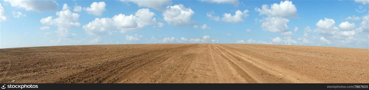 Panorama of plowed land in rural area of Israel