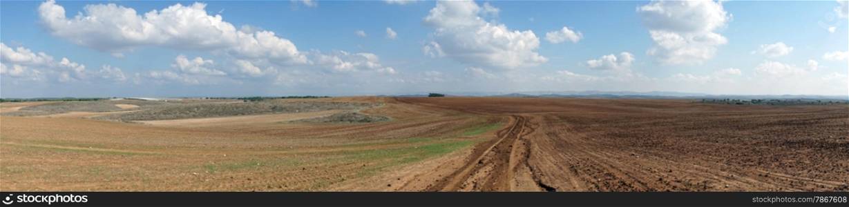 Panorama of plowed lfarmand in Israel