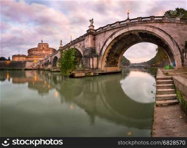 Panorama of Ponte Sant'Angelo and Castel Sant'Angelo in the Morning, Rome, Italy
