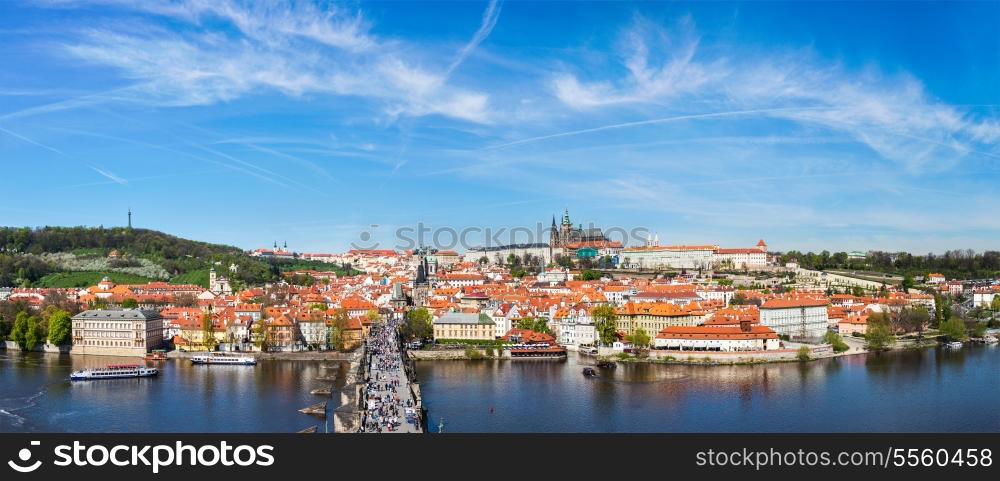 Panorama of Prague: Mala Strana, Charles bridge and Prague castle from Old Town bridge tower over Vltava river. Prague, Czech Republic