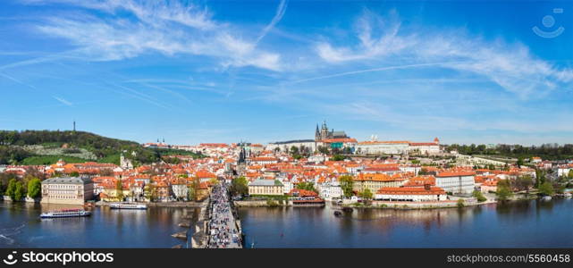 Panorama of Prague: Mala Strana, Charles bridge and Prague castle from Old Town bridge tower over Vltava river. Prague, Czech Republic