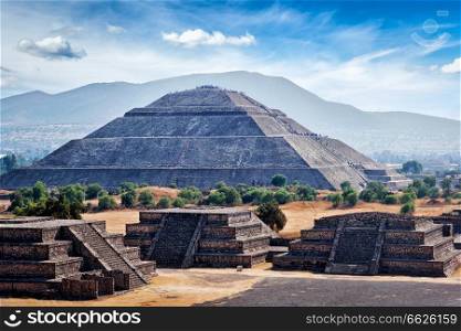 Panorama of Pyramid of the Sun. Teotihuacan. Mexico. View from the Pyramid of the Moon.. Panorama of Teotihuacan Pyramids