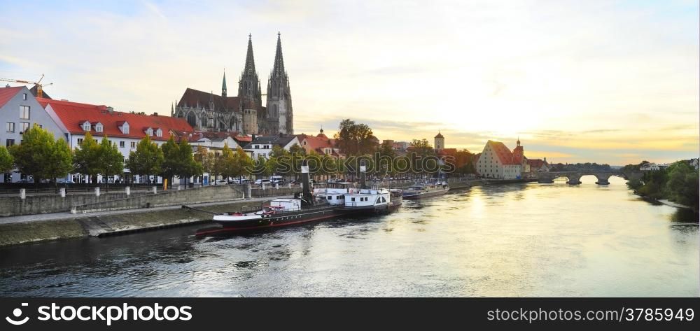 Panorama of Regensburg old town at sunset. Germany