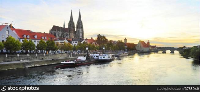 Panorama of Regensburg old town at sunset. Germany