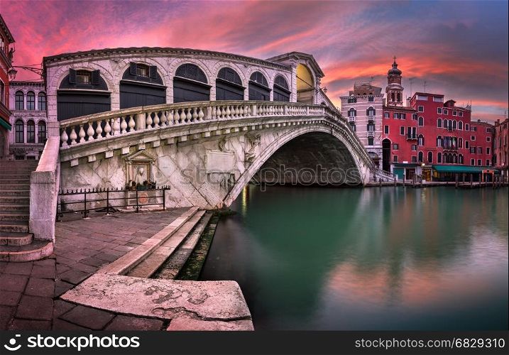 Panorama of Rialto Bridge and San Bartolomeo Church at Sunrise, Venice, Italy