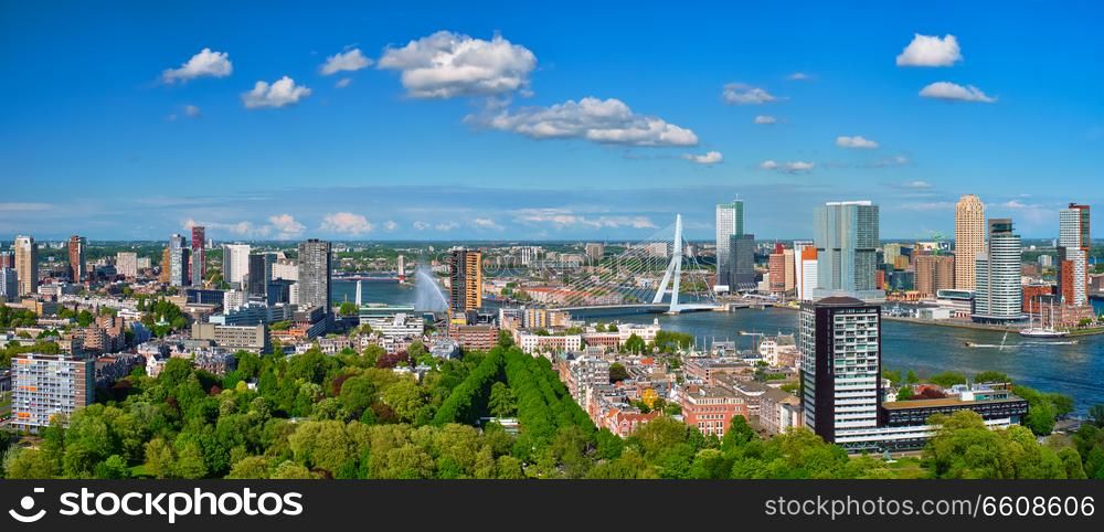 Panorama of Rotterdam city and the Erasmus bridge Erasmusbrug over Nieuwe Maas river from Euromast. View of Rotterdam city and the Erasmus bridge