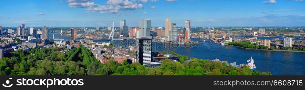 Panorama of Rotterdam city and the Erasmus bridge Erasmusbrug over Nieuwe Maas river from Euromast. View of Rotterdam city and the Erasmus bridge