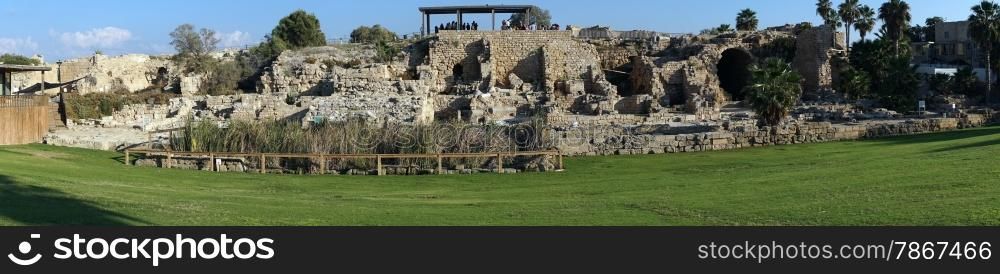 Panorama of ruins in ancient city Caesarea, Israel