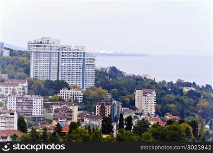 Panorama of Russian resort town Sochi and Black sea. Panorama of Russian town Sochi