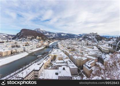 Panorama of Salzburg in winter  Snowy historical center
