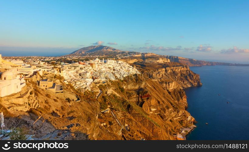 Panorama of Santorini island with Thira town on the cliff, Greece -- Greek landscape